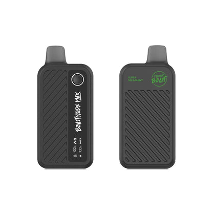 Two views of a black Flavour Beast Max 18K disposable vape in Super Spearmint flavor, showing the front display screen with battery and liquid indicators and the back panel with branding against a white background.