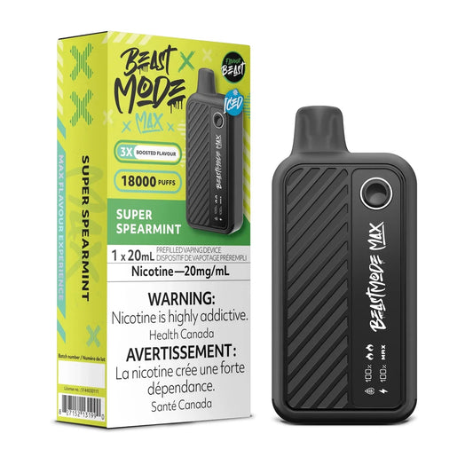 A Beast Mode Max 18K Super Spearmint disposable vape device stands next to its lime green and black product box, which features the flavor name, a 18000 puff count, and a bilingual nicotine warning label.