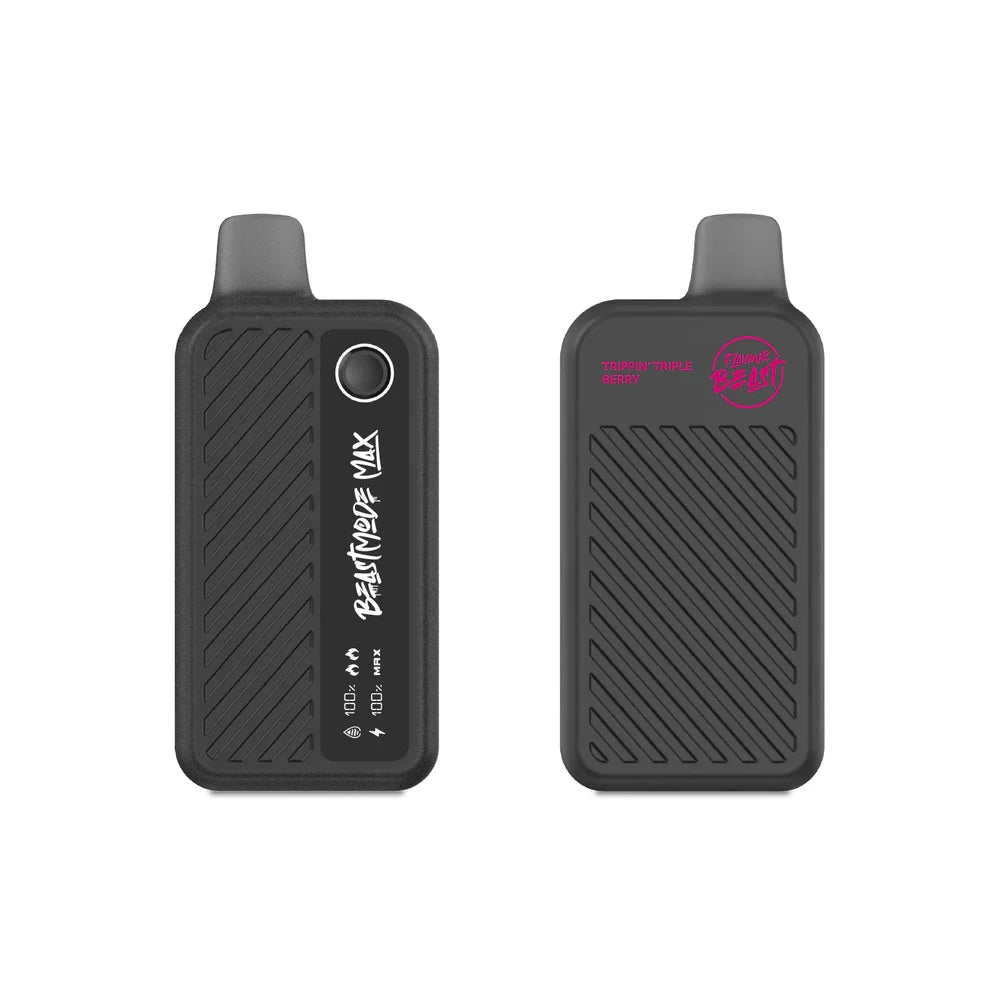 Two views of a black Flavour Beast Mode Max 18K disposable vape in Trippin' Triple Berry flavor, featuring a textured grip, a digital display screen showing battery and e-liquid levels, and a prominent pink logo.
