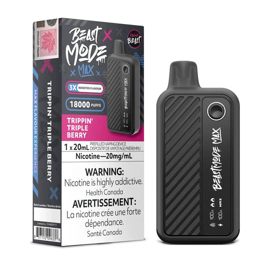 A Beast Mode Max 18K Trippin' Triple Berry disposable vape device stands next to its black and pink retail packaging, which features the product name, 18000 puffs, 20mg/mL nicotine content, and a Health Canada warning label.