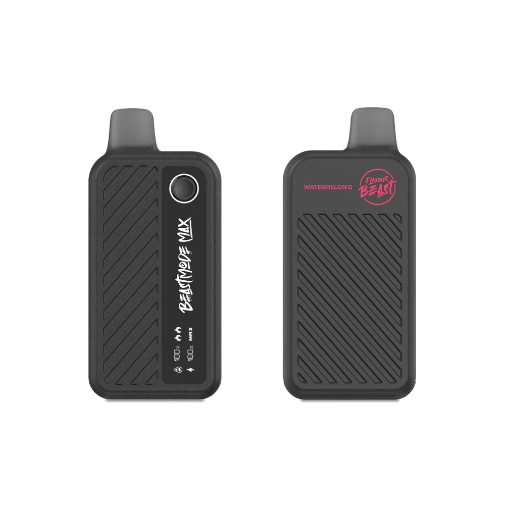 Two Flavour Beast Max 18K disposable vapes in Watermelon G flavor shown from the front and back against a white background, featuring a matte black textured body, a digital display screen, and pink branding.