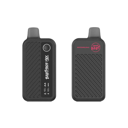 Two Flavour Beast Max 18K disposable vapes in Watermelon G flavor shown from the front and back against a white background, featuring a matte black textured body, a digital display screen, and pink branding.