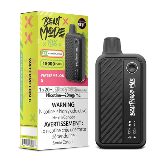 A Beast Mode Max 18K Watermelon G disposable vape device stands next to its lime green and pink retail box, both featuring black branding, a 20mg/mL nicotine warning, and a digital display showing 100% battery and e-liquid levels.