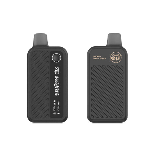 Two views of a matte black Flavour Beast Mode Max 18K disposable vape in Wicked White Peach, showing the front display screen with battery and liquid indicators and the branded textured back panel.