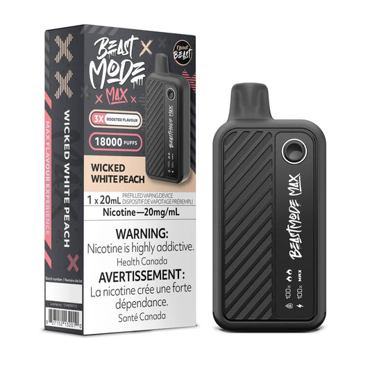 A Beast Mode Max 18K disposable vape device in black stands next to its matching product box, which features the Wicked White Peach flavor name, a 20mg/mL nicotine warning, and a 18000 puff capacity label against a plain white background.