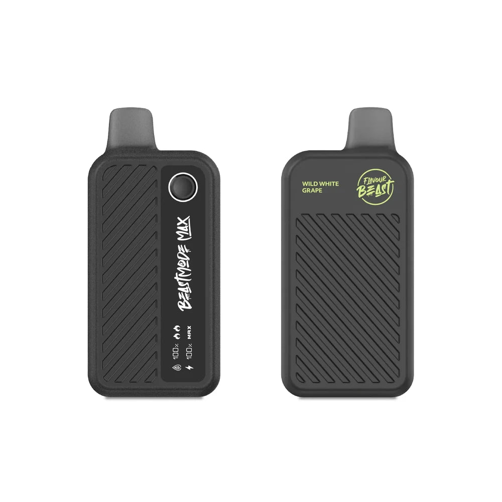 Two Flavour Beast Mode Max 18K disposable vapes in Wild White Grape flavor are shown against a white background, featuring a matte black textured casing, a digital display screen showing battery and liquid levels, and a prominent logo.
