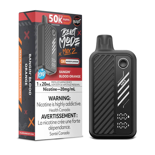 A Flavour Beast Mode Max 2 disposable vape device in black with a digital display sits next to its matching product box, which features orange and black branding, the text Bangin' Blood Orange, and a nicotine warning label.