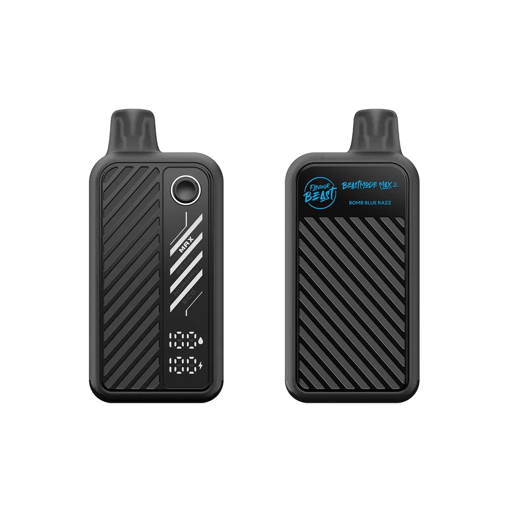 Two views of a black Flavour Beast Beastmode Max 2 disposable vape in Bomb Blue Razz flavor, featuring a textured diagonal-striped body, a digital display showing battery and liquid levels, and a round button on the front panel.
