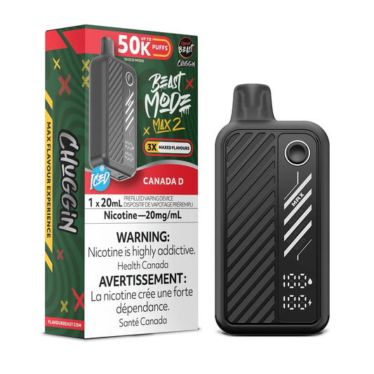 A black Beast Mode Max 2 disposable vape device stands next to its green and red cardboard packaging, which features the text Canada D, 50K Puffs, and a nicotine warning label.