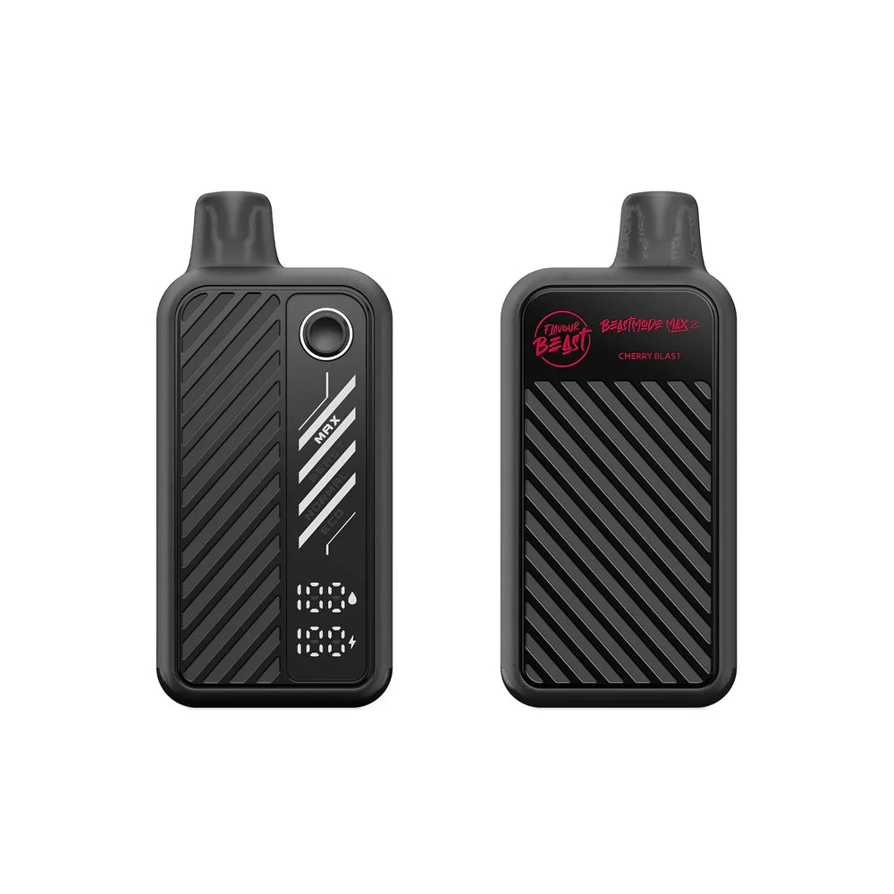 Two Flavour Beast Beastmode Max 2 disposable vapes in Cherry Blast flavor shown from the front and back against a white background, featuring a black textured design, a digital display screen showing battery and liquid levels, and a circular power button.
