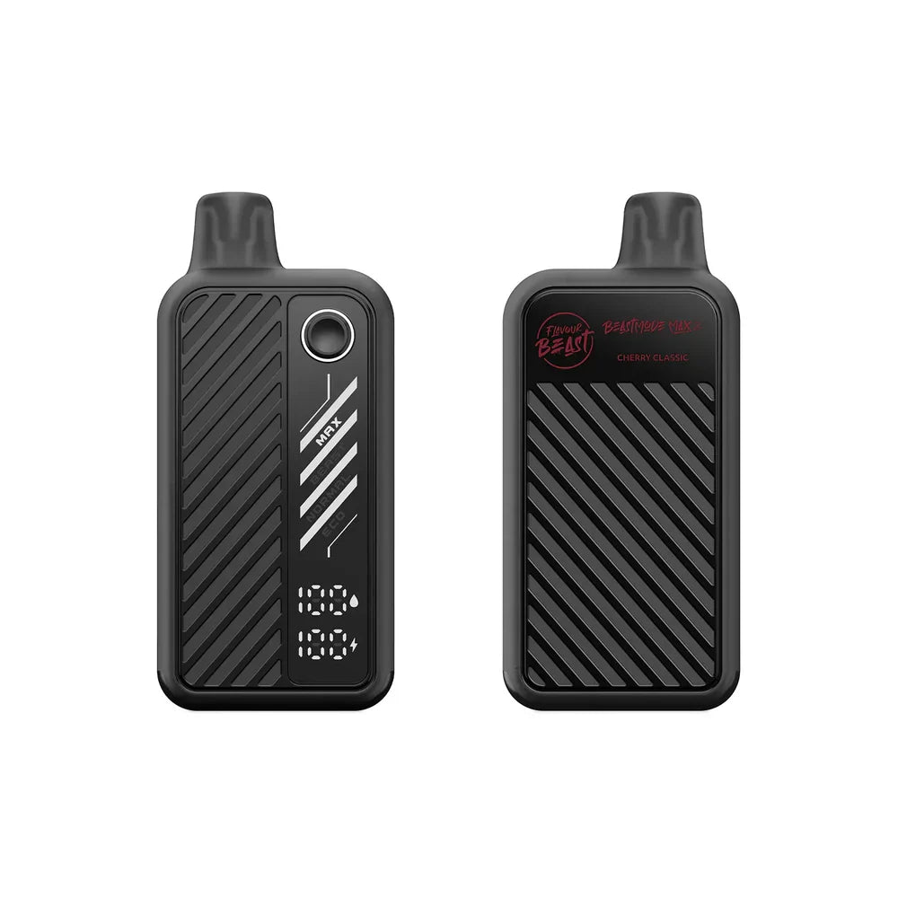 Front and back views of a black Beast Mode Max 2 Cherry Classic disposable vape featuring a textured diagonal grip, a digital display screen, and red Flavour Beast branding.