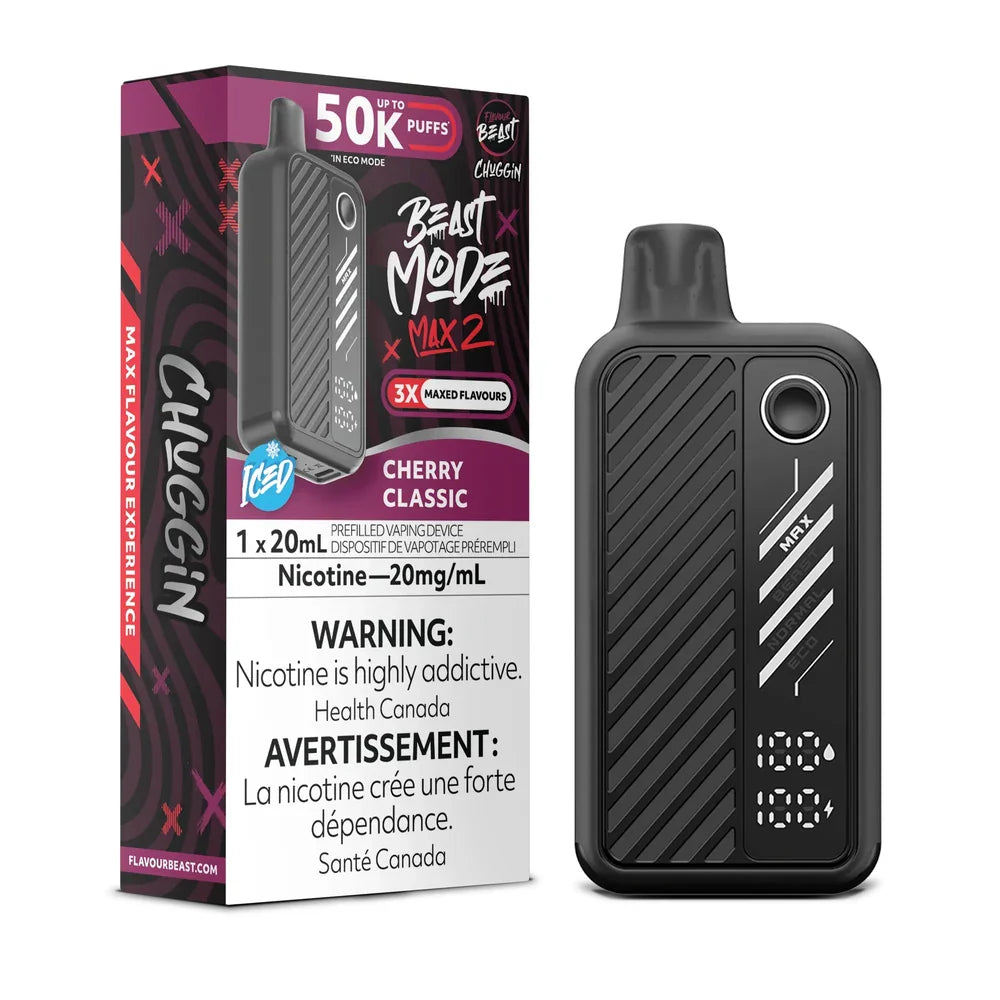 Beast Mode Max 2 Cherry Classic Iced disposable vape featuring a black textured device with a digital display next to its purple and black packaging.