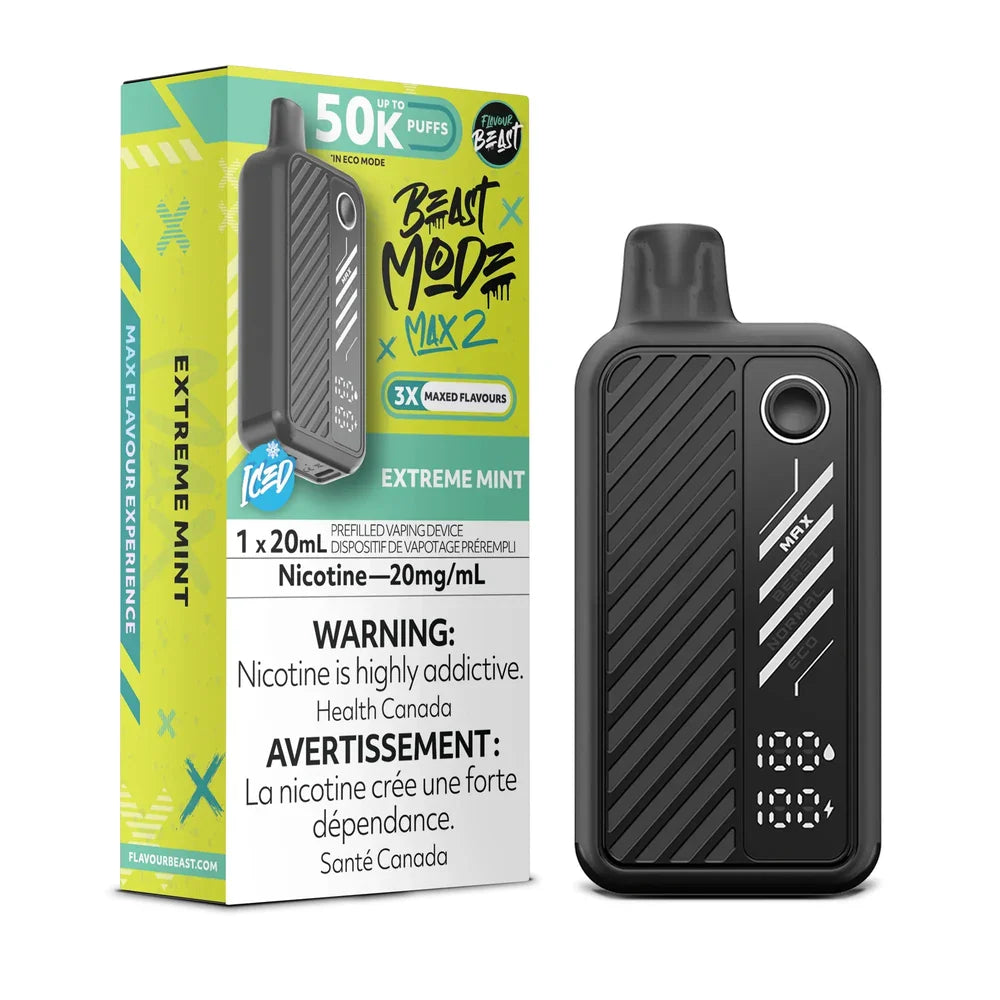 Beast Mode Max 2 Extreme Mint disposable vape featuring a black textured device with a digital display next to its neon yellow and green packaging.