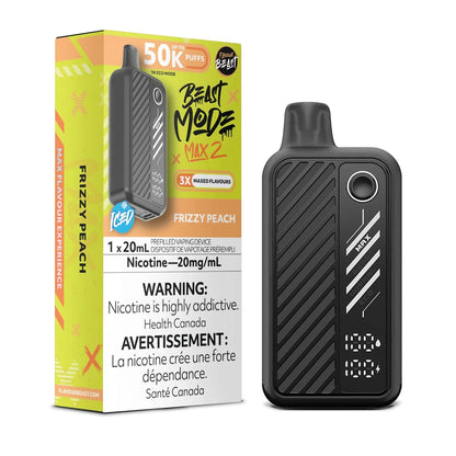 A black Beast Mode Max 2 disposable vape device stands next to its yellow and black retail packaging, which features the Frizzy Peach flavor name, a 50k puff count, and a 20mg/mL nicotine warning label.