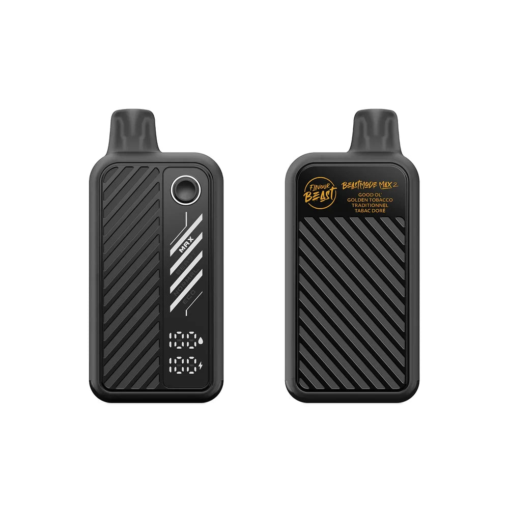 Two views of a black Flavour Beast Beast Mode Max 2 disposable vape in Good Ol' Golden Tobacco, showing the front display with power and liquid indicators and the back panel with branding against a plain white background.