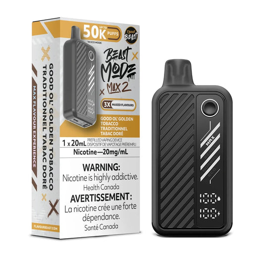 Beast Mode Max 2 50k Good Ol' Golden Tobacco disposable vape shown next to its black and gold packaging, featuring a digital display, mode selection settings, and clear nicotine warning text.