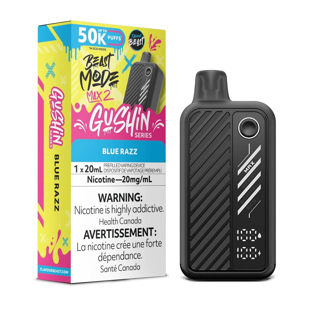 A Beast Mode Max 2 50k Gushin Blue Razz disposable vape stands next to its vibrant yellow and pink packaging, which displays the 20mg/mL nicotine content and a 50,000 puff count, while the black device features a digital display screen and three power settings.