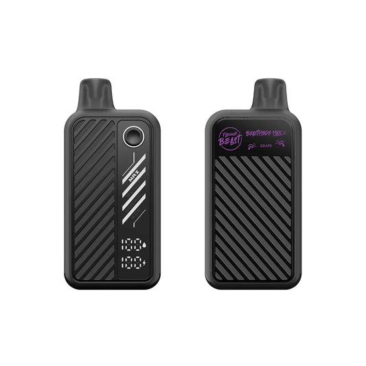 Front and back view of a black Flavour Beast Beastmode Max 2 disposable vape in Gushin Grape, featuring a digital display screen, power mode settings, and a textured diagonal striped finish.