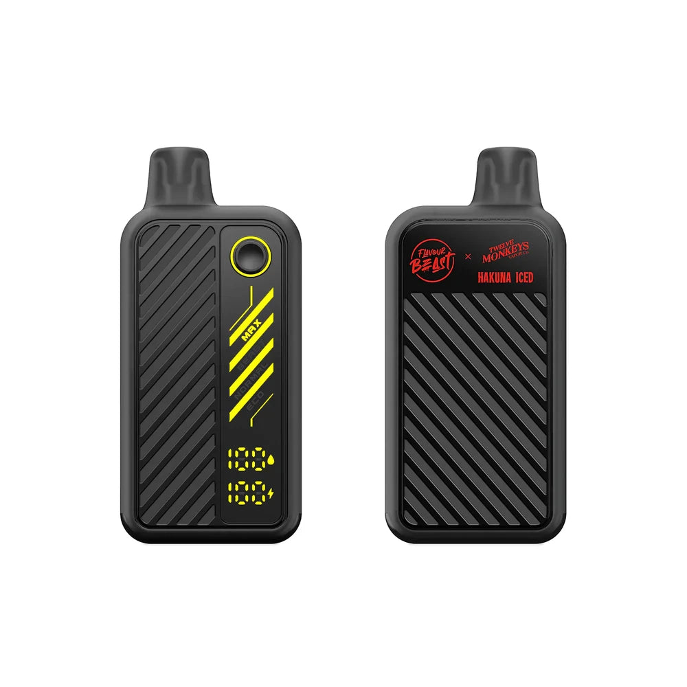 Two views of a black Flavour Beast x Twelve Monkeys Hakuna Iced disposable vape device featuring a digital display screen showing battery and e-liquid levels, a mode selection button, and diagonal textured paneling.