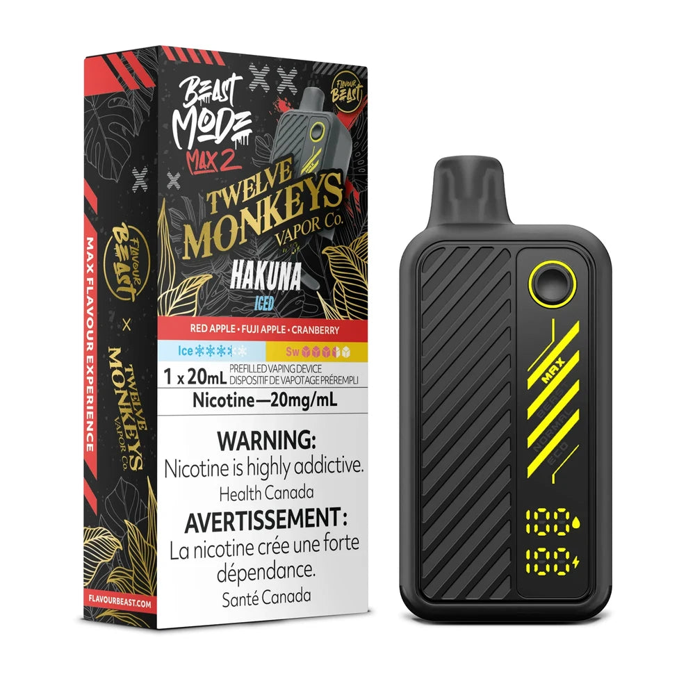 A Beast Mode Max 2 disposable vape device in black with yellow accents stands next to its retail packaging, which features Twelve Monkeys Hakuna Iced branding, a 20mg/mL nicotine warning, and a 20mL capacity label.