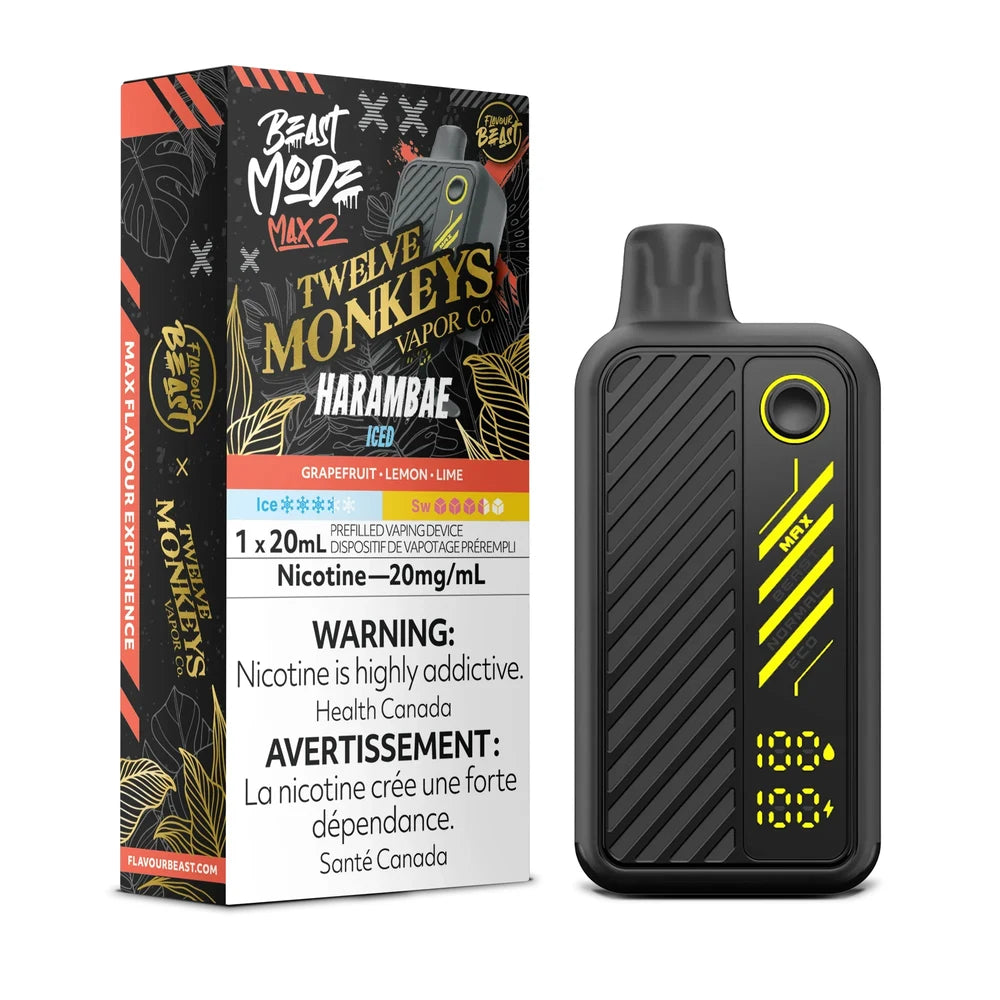 A Beast Mode Max 2 disposable vape device stands next to its black and orange packaging box, which features the Twelve Monkeys Vapor Co. Harambae Iced flavor label, a 20mg/mL nicotine warning, and a digital display showing 100% battery and liquid levels.