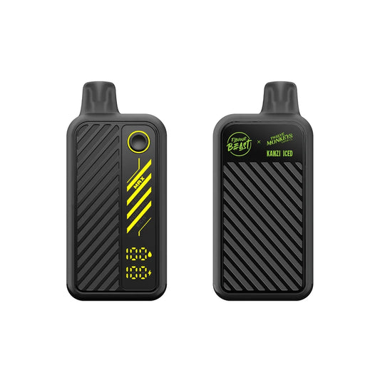 Two views of a black Flavour Beast x Twelve Monkeys Kanzi Iced disposable vape device featuring a digital display, power mode settings, and a textured diagonal-striped finish against a white background.
