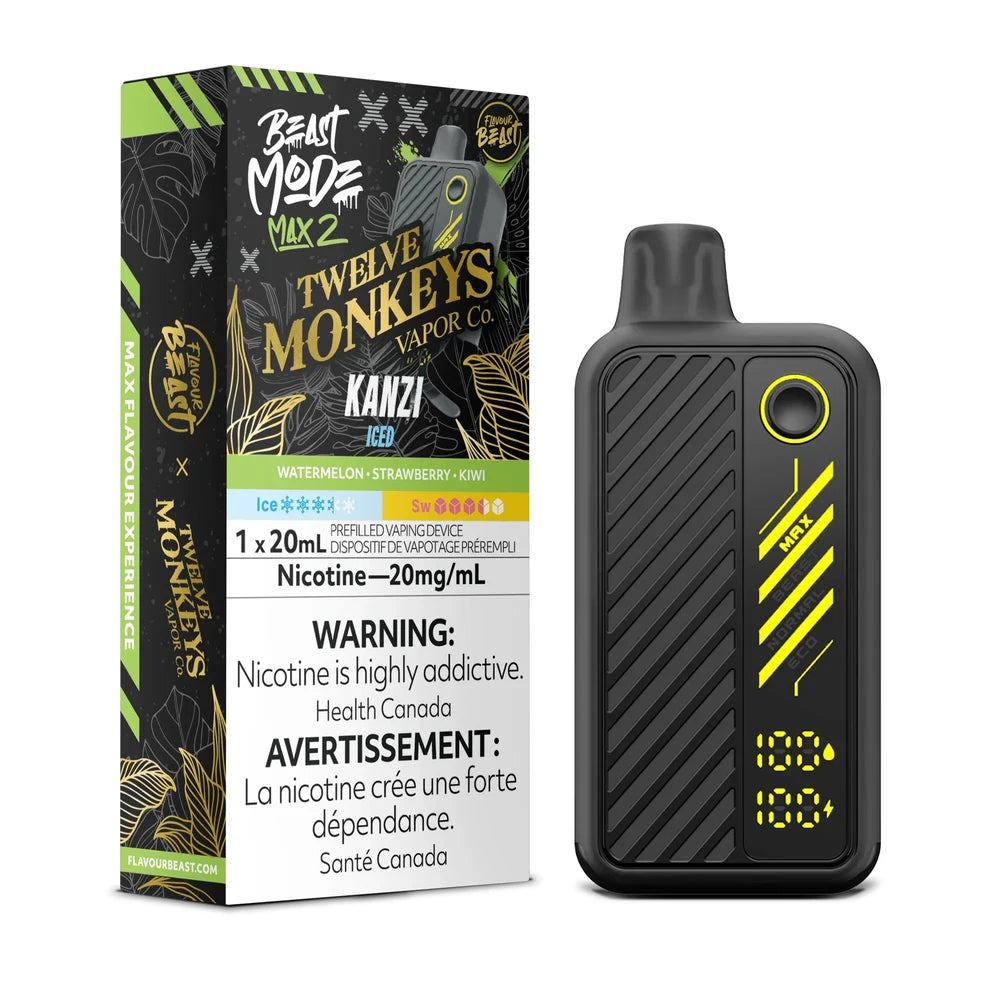 A Beast Mode Max 2 disposable vape device in black with yellow accents stands next to its matching product box, which features Twelve Monkeys branding, the Kanzi Iced flavor name, and a 20mg/mL nicotine warning label against a black and green background.