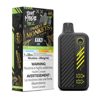 A Beast Mode Max 2 disposable vape device in black with yellow accents stands next to its matching product box, which features Twelve Monkeys branding, the Kanzi Iced flavor name, and a 20mg/mL nicotine warning label against a black and green background.