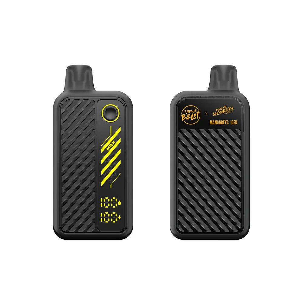 Two views of a black Beast Mode Max 2 disposable vape featuring a digital display screen showing battery and e-liquid levels, a mode selection button, and branding for Flavour Beast and Twelve Monkeys Mangabeys Iced.