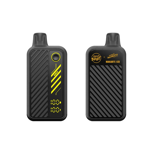 Two views of a black Beast Mode Max 2 disposable vape featuring a digital display screen showing battery and e-liquid levels, a mode selection button, and branding for Flavour Beast and Twelve Monkeys Mangabeys Iced.
