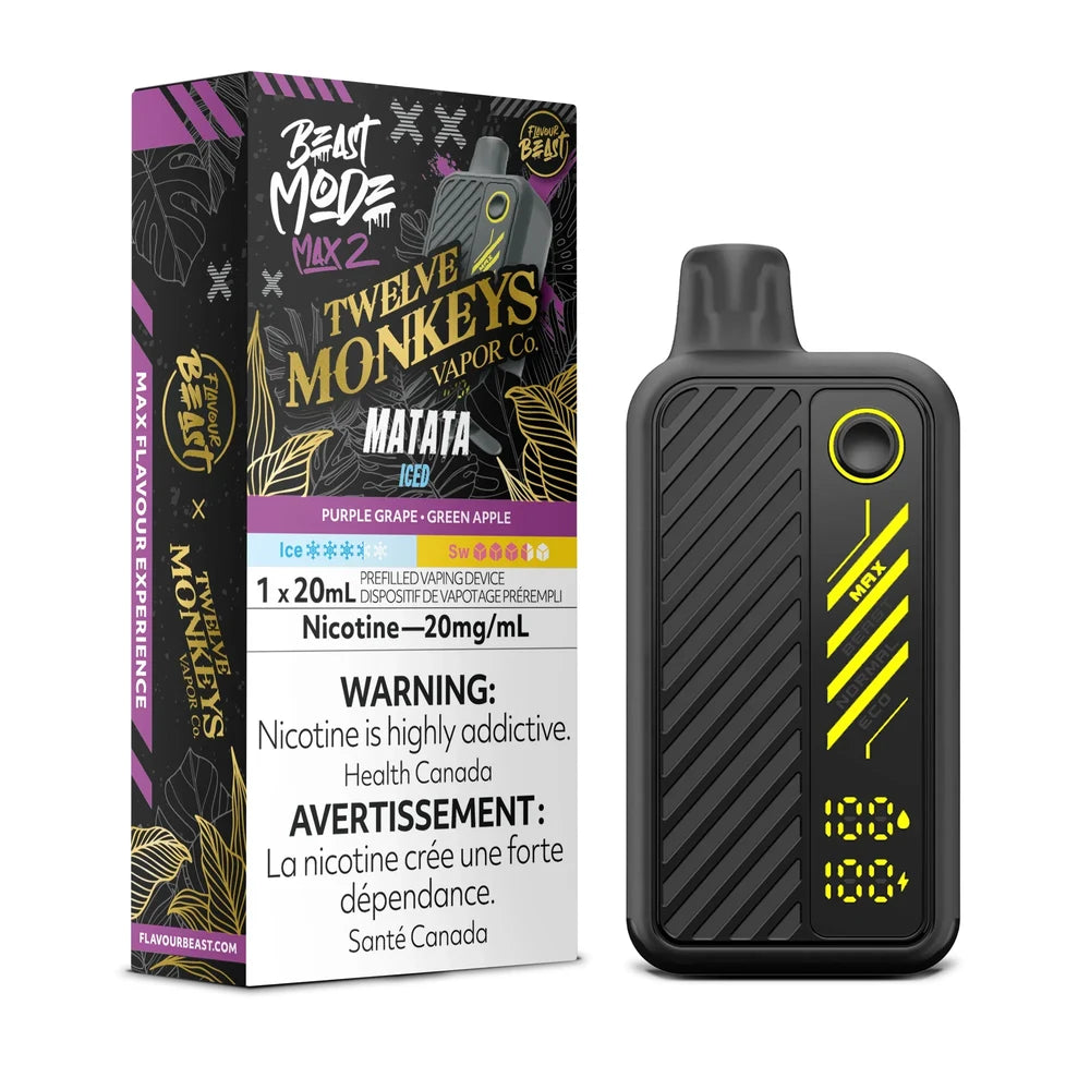 A Beast Mode Max 2 Matata Iced disposable vape device stands next to its black and purple packaging, which features Twelve Monkeys branding, a 20mg/mL nicotine warning, and a digital display showing 100% battery and e-liquid levels.