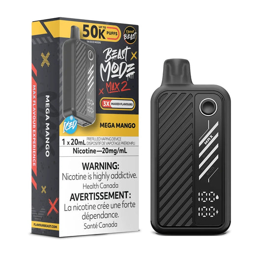 A black Beast Mode Max 2 disposable vape device stands next to its yellow and black packaging box, which features the text Mega Mango, 50K Puffs, and a nicotine warning label against a plain background.