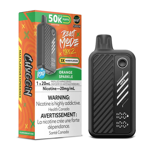 A black Beast Mode Max 2 disposable vape device stands next to its orange and green retail packaging, which features the text Orange Sparkle, 50K Puffs, and a nicotine warning label.
