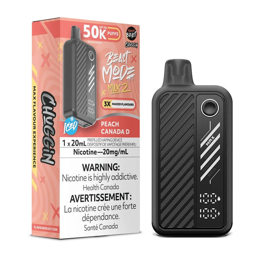 A black Beast Mode Max 2 disposable vape device stands next to its peach-colored product box, which features the text Beast Mode Max 2, Peach Canada D, and a nicotine warning label.