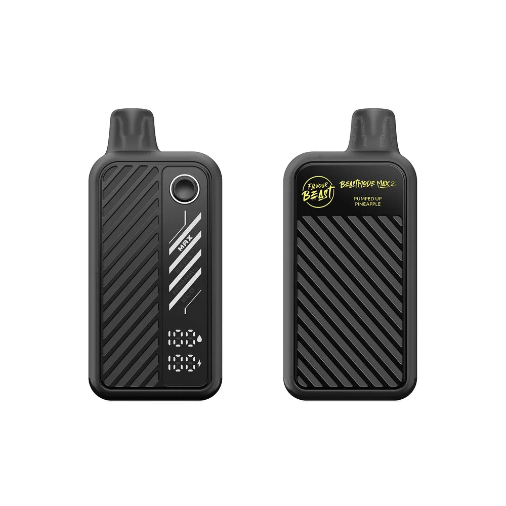 Two views of a black Flavour Beast BeastMode Max 2 disposable vape in Pumped Up Pineapple flavor, showing the textured casing, the digital display screen with battery and liquid indicators, and the mode selection button.