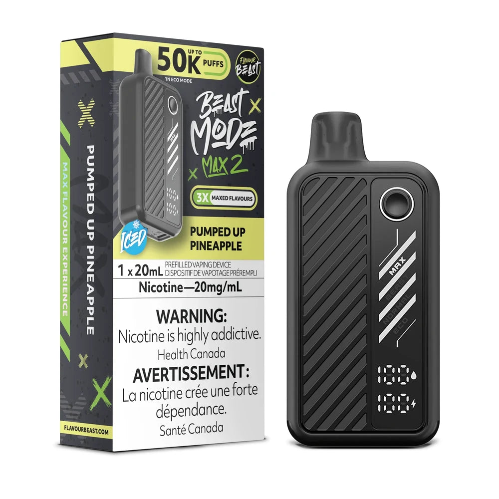 A Beast Mode Max 2 50k Pumped Up Pineapple iced disposable vape device stands next to its black and yellow retail packaging, which features the product name, a 20mg/mL nicotine warning, and a digital display showing 100% battery and e-liquid levels.