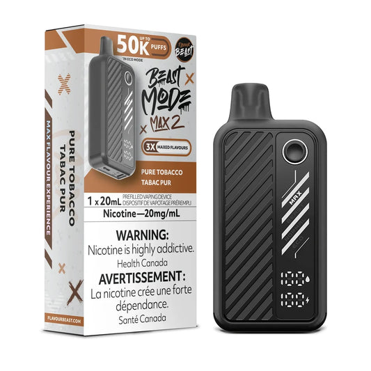 A black Beast Mode Max 2 disposable vape device stands next to its matching product packaging, which features a brown and white design with the text Pure Tobacco, 50K Puffs, and a nicotine warning label.