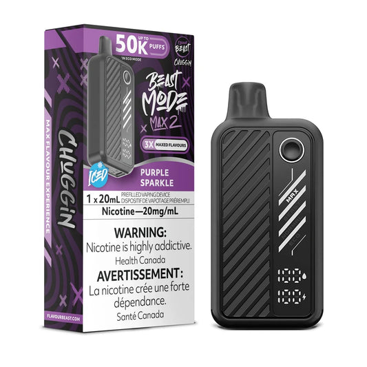 A black Beast Mode Max 2 disposable vape device stands next to its purple and black product packaging, which features the text Purple Sparkle, Iced, and a nicotine warning label, all set against a plain background.