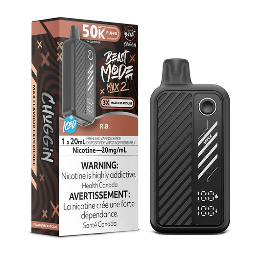 A black Beast Mode Max 2 disposable vape device stands next to its matching product packaging, which features brown and black abstract patterns, a 50K puff count label, and a 20mg/mL nicotine warning in English and French.