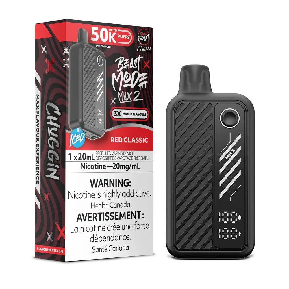 A black Beast Mode Max 2 disposable vape device stands next to its matching red and black packaging box, which features the text Red Classic, 50k Puffs, and a 20mg/mL nicotine warning label against a plain black background.