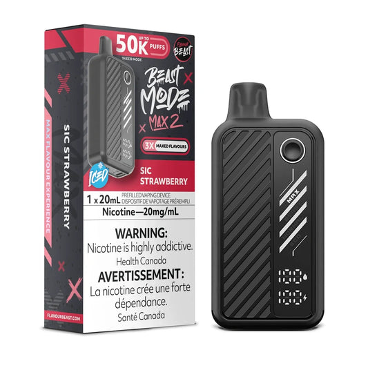 A Flavour Beast Mode Max 2 disposable vape in Sic Strawberry flavor stands next to its black and pink retail box, featuring a digital display screen, a 20mL capacity label, and a nicotine warning on a clean white background.