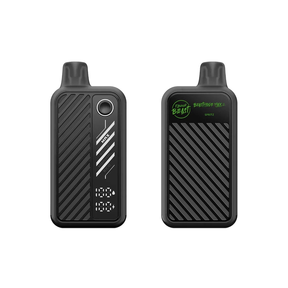 Two black Flavour Beast Beastmode Max 2 disposable vapes in the Spritz flavor shown from front and back angles, featuring a digital display, power mode settings, and a textured diagonal striped finish.