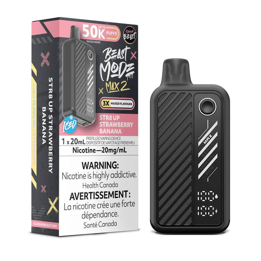 A black Flavour Beast Mode Max 2 disposable vape device stands next to its matching retail packaging, which features pink and black graphics, a 20mg/mL nicotine warning, and the text STR8 UP Strawberry Banana.