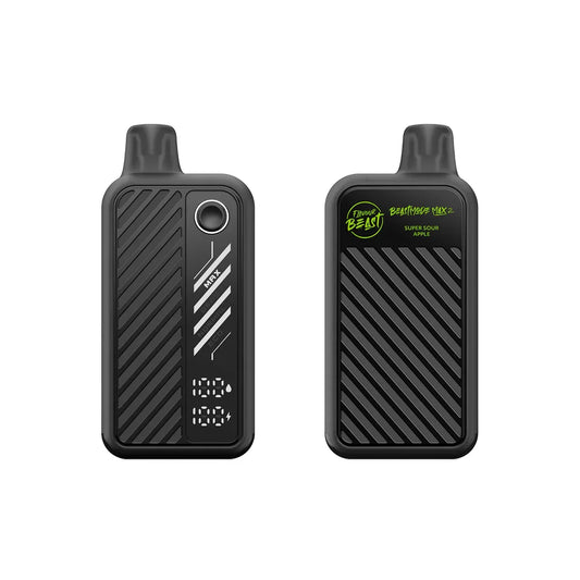 Two views of a black Flavour Beast Beastmode Max 2 disposable vape in Super Sour Apple flavor, showing the front display with power modes and battery levels alongside the textured side panel with branding.