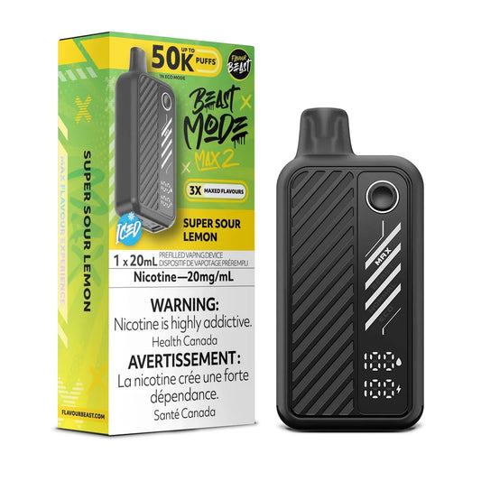 A black Beast Mode Max 2 disposable vape device stands next to its yellow and green packaging box, which features the text Super Sour Lemon, 50K Puffs, and a nicotine warning label.