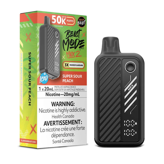 A black Beast Mode Max 2 disposable vape device stands next to its green and orange packaging, which features the text Super Sour Peach, 50K Puffs, and a 20mg/mL nicotine warning label.