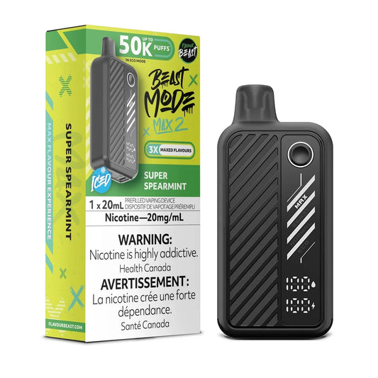 A black Beast Mode Max 2 disposable vape device stands next to its lime green and black packaging box, which displays the Super Spearmint flavour name, a 20mg/mL nicotine warning, and a 50K puff count indicator.