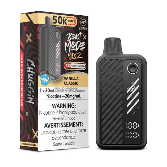 A black Beast Mode Max 2 disposable vape device stands next to its matching product box, which features Vanilla Classic Iced branding, a 20mg/mL nicotine warning, and a 50K puff count indicator on a dark, patterned background.