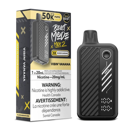 A black Beast Mode Max 2 disposable vape device stands next to its matching yellow and black packaging, which features the text Vibin' Vanana, 50K Puffs, and a 20mg/mL nicotine warning label against a plain white background.