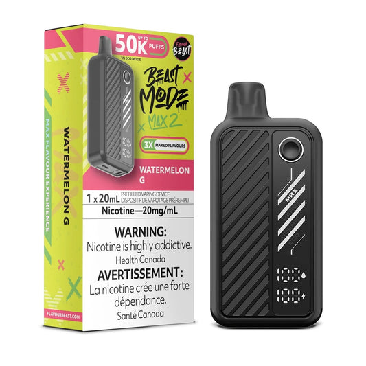 A black Beast Mode Max 2 disposable vape device stands next to its lime green and pink packaging box, which features the text Watermelon G, 50K Puffs, and a nicotine warning label.